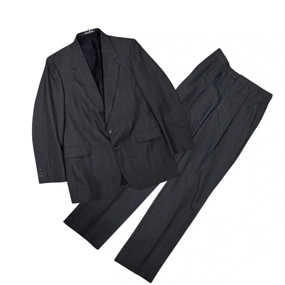 Vintage 90s Y2K Towncraft Pinstripe Suit 2-Piece Worsted Wool Gray 42L